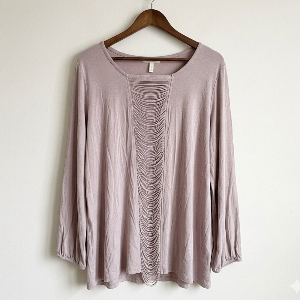 Carmen Marc Valvo Plus Size Fringe Top Blouse 2X Stretch Party‎ Holiday Beige - Picture 1 of 5